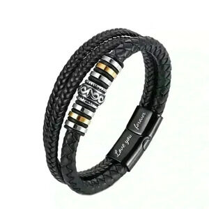 Men’s Black Leather & Stainless Steel  Bracelet - Signed “ Love you forever”